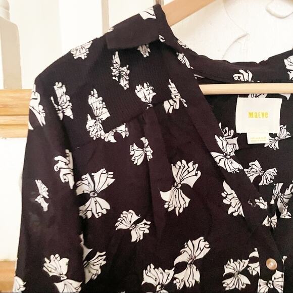 Maeve by Anthropologie Black & White Floral Print Emory Bow Blouse Size 2 - Picture 4 of 8